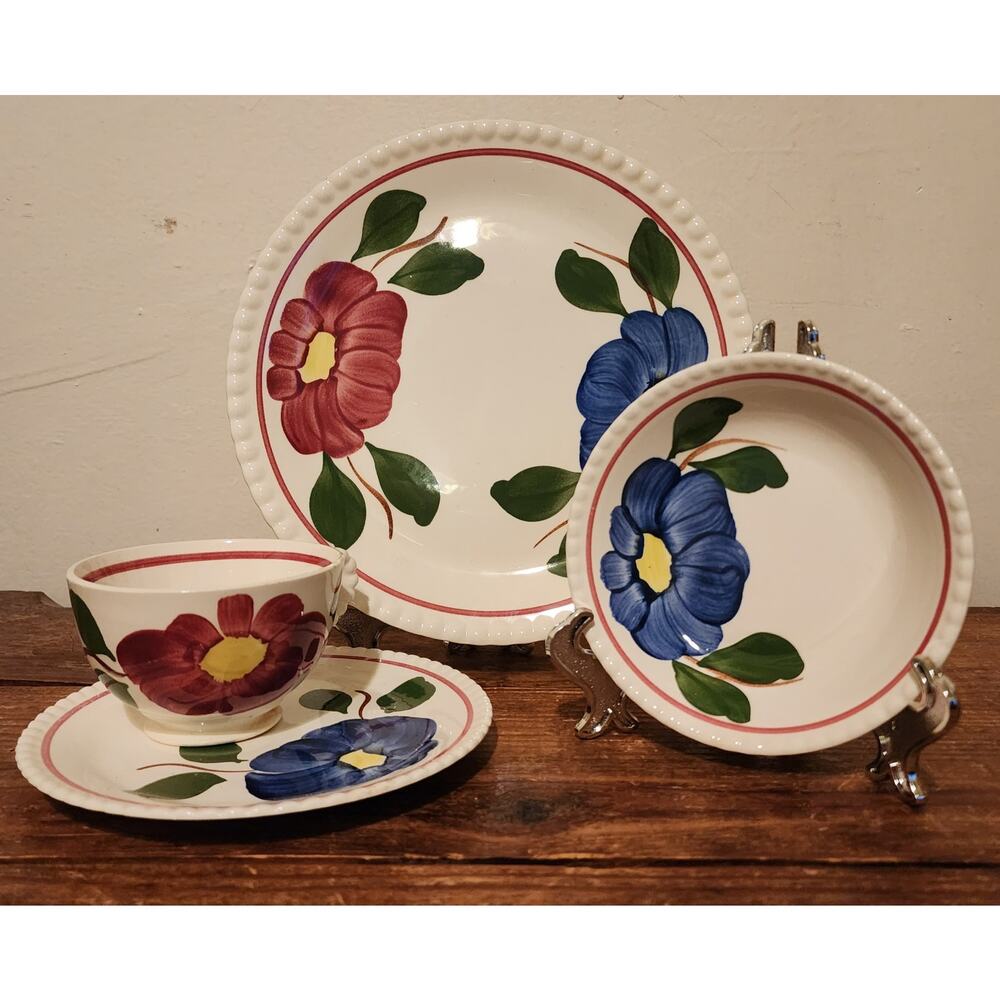 Blue Ridge Southern Pottery POM POM Pattern Place Setting Plate Bowl Cup Saucer